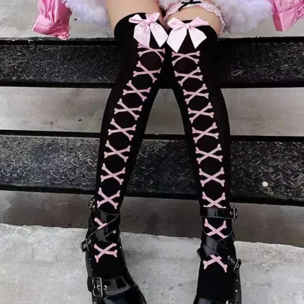 NEW Black Crossbones Over the Knee Socks OSFM
